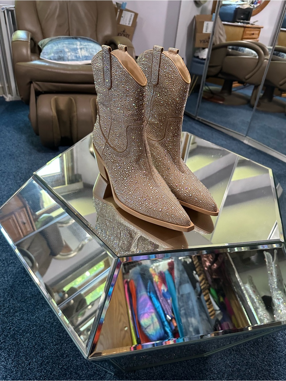 Vivianly Crystal-Embellished Tan Ankle Booties